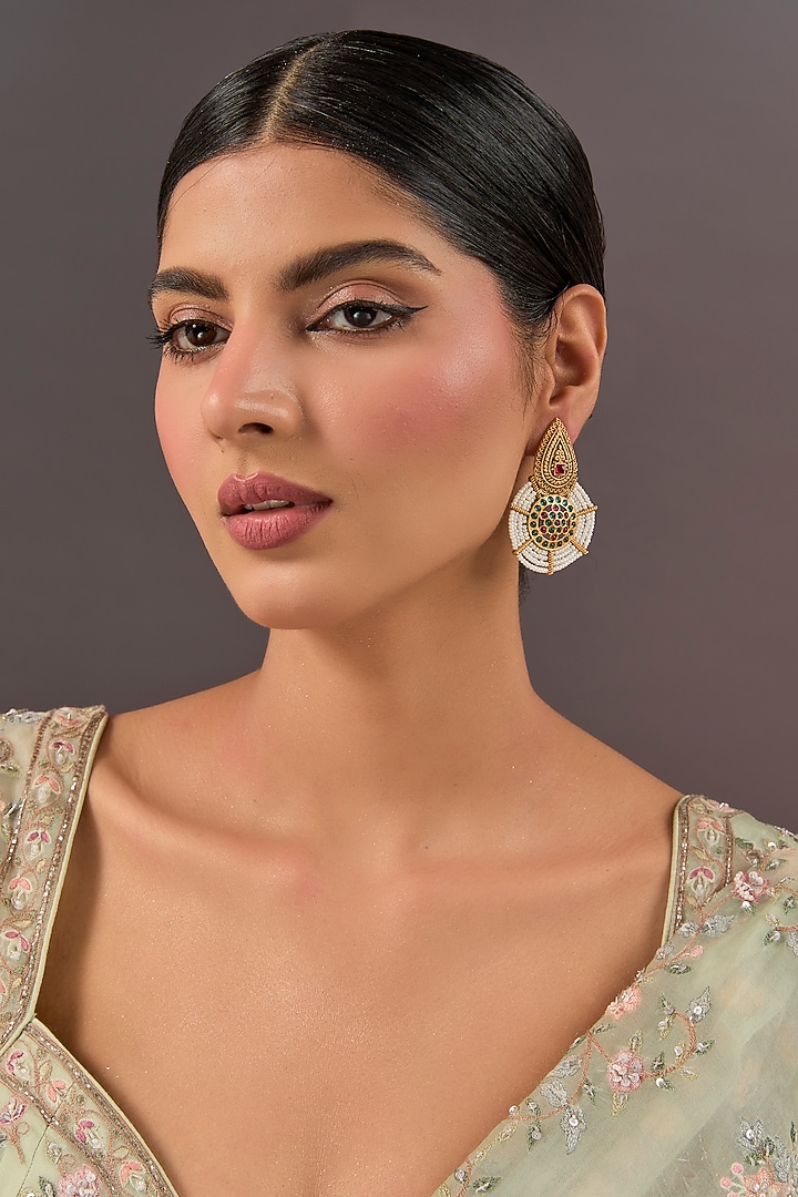 Gold Finish Moissanite Stone & Pearl Dangler Earrings by Aura Trends at Pernia's Pop Up Shop
