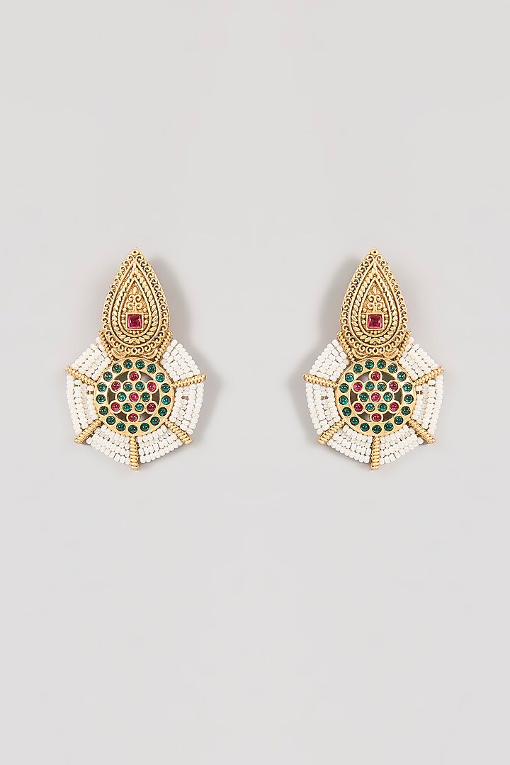 Gold Finish Moissanite Stone & Pearl Dangler Earrings by Aura Trends at Pernia's Pop Up Shop