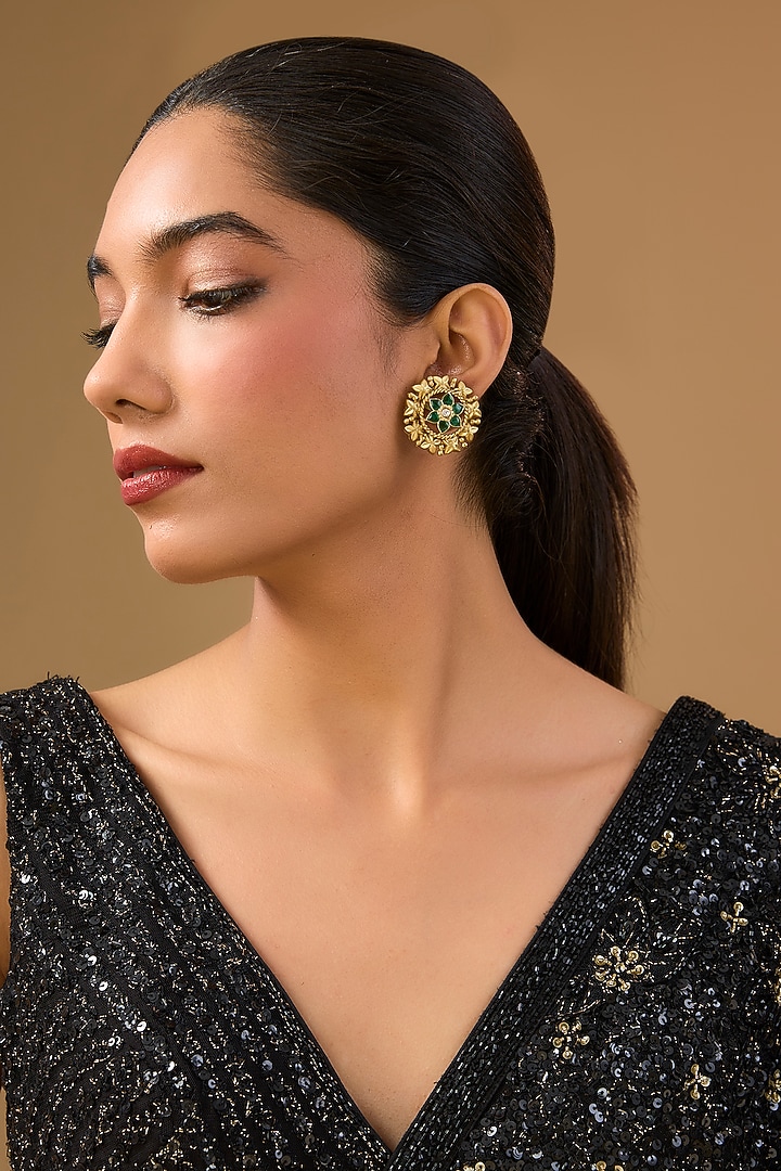Gold Finish Green Gemstone Stud Earrings by Auraa Trends at Pernia's Pop Up Shop