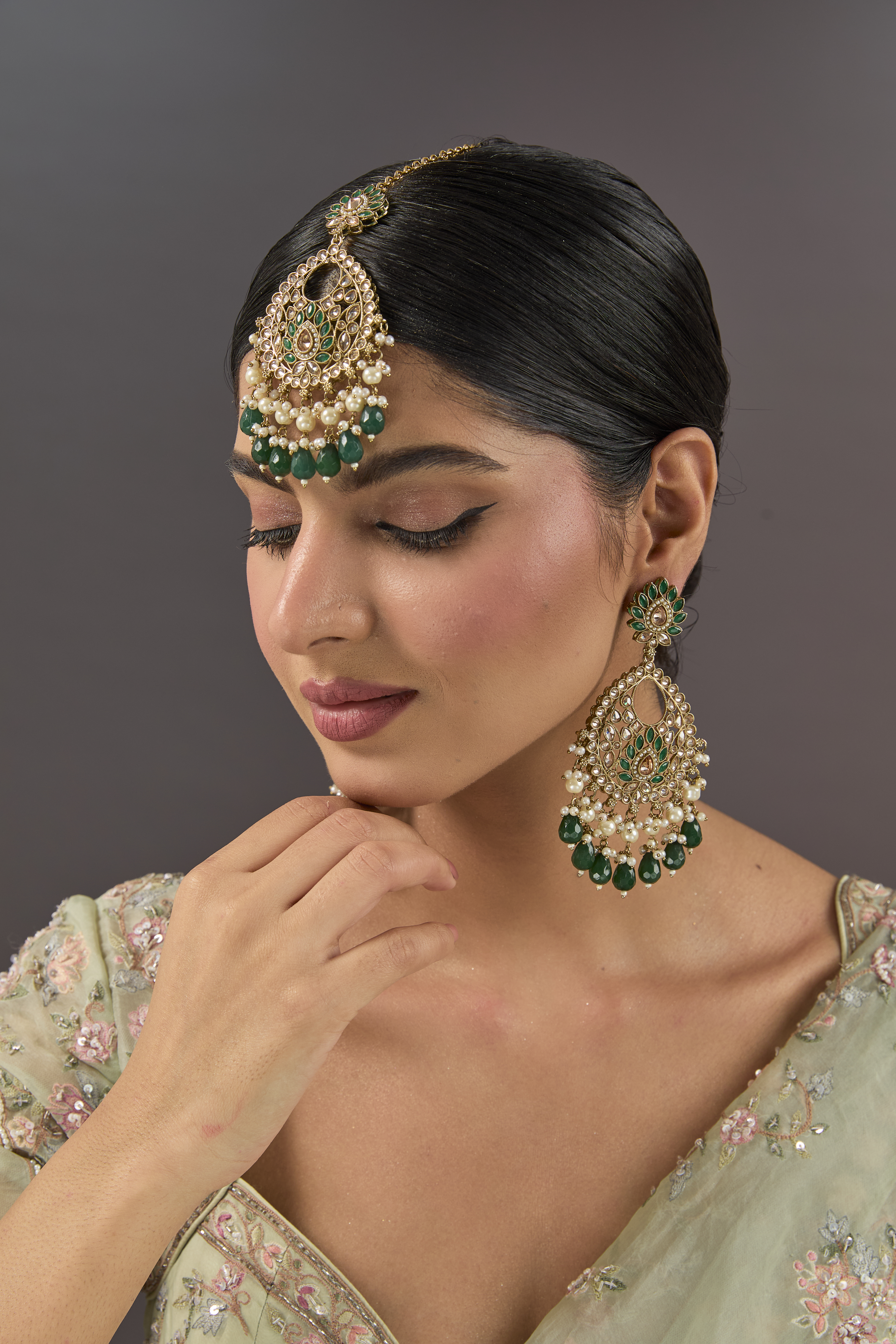 Gold Finish Green Gemstone & Pearl Chandbali Earrings With Maang Tikka by Auraa Trends at Pernia's Pop Up Shop
