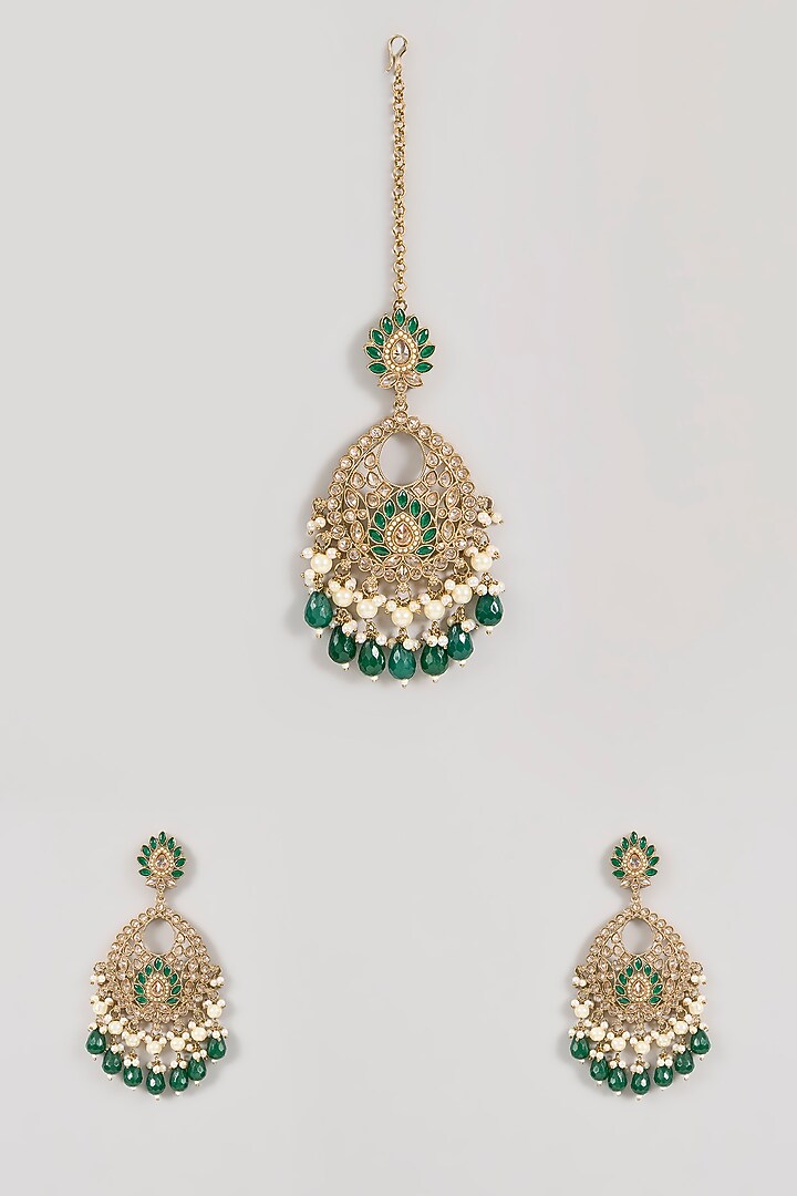 Gold Finish Green Gemstone & Pearl Chandbali Earrings With Maang Tikka by Aura Trends at Pernia's Pop Up Shop