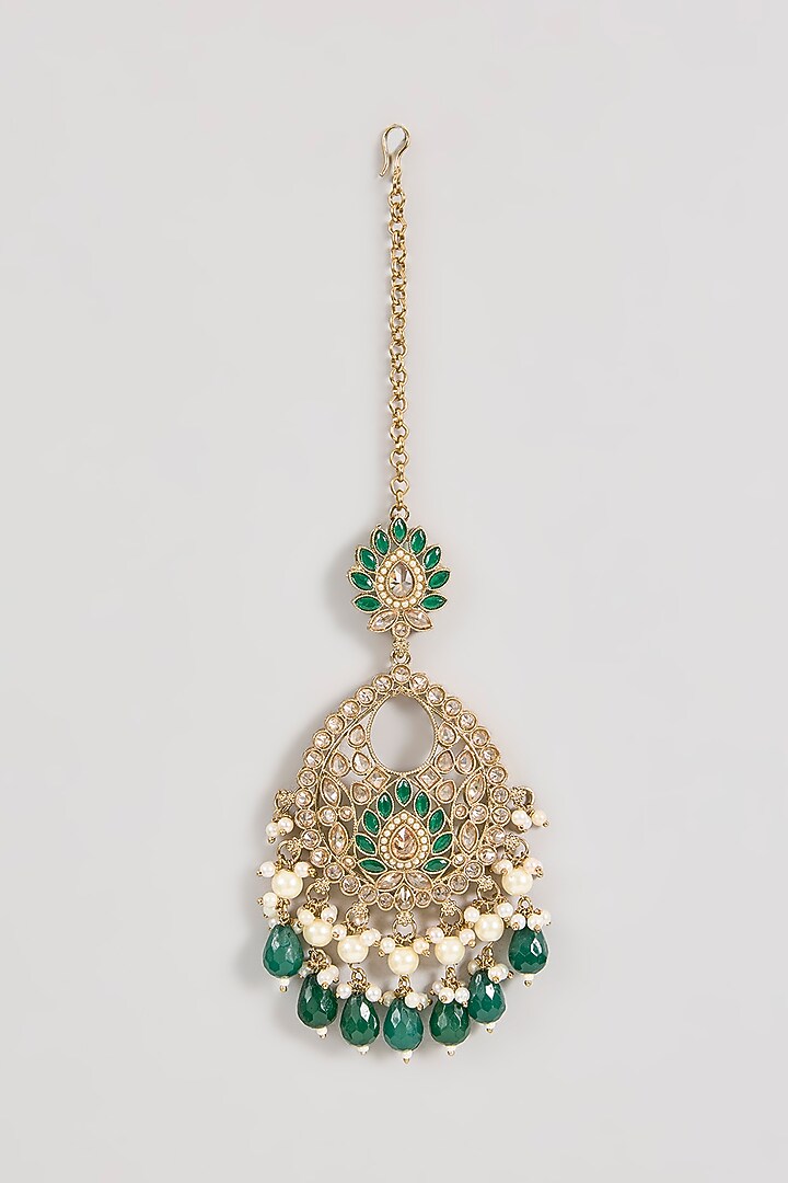Gold Finish Green Gemstone & Pearl Chandbali Earrings With Maang Tikka by Aura Trends at Pernia's Pop Up Shop