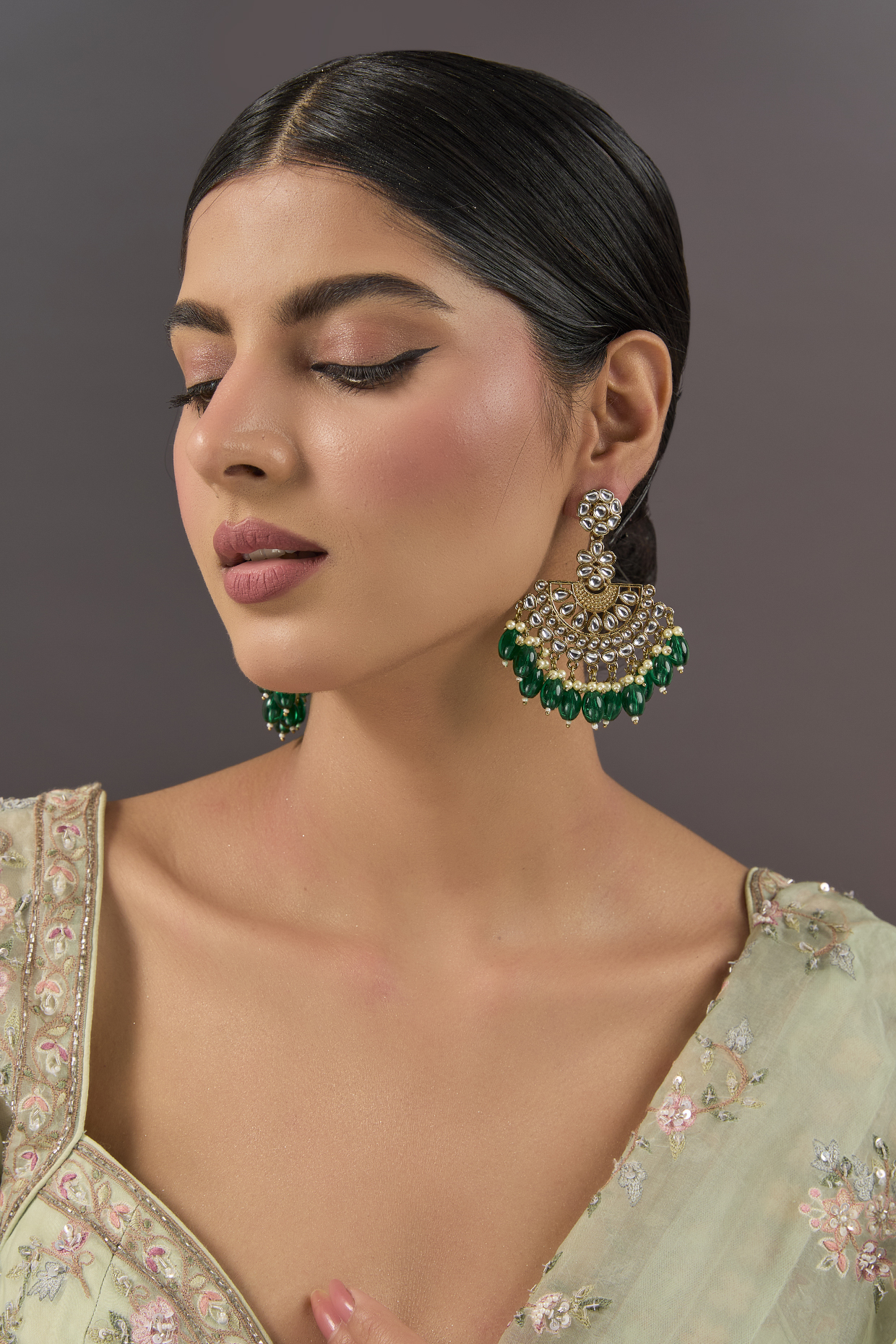 Gold Finish Green Gemstone & Pearl Chandbali Earrings by Auraa Trends at Pernia's Pop Up Shop