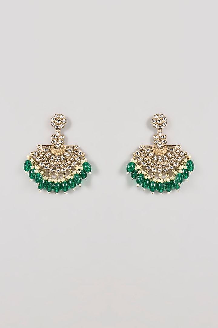 Gold Finish Green Gemstone & Pearl Chandbali Earrings by Aura Trends at Pernia's Pop Up Shop