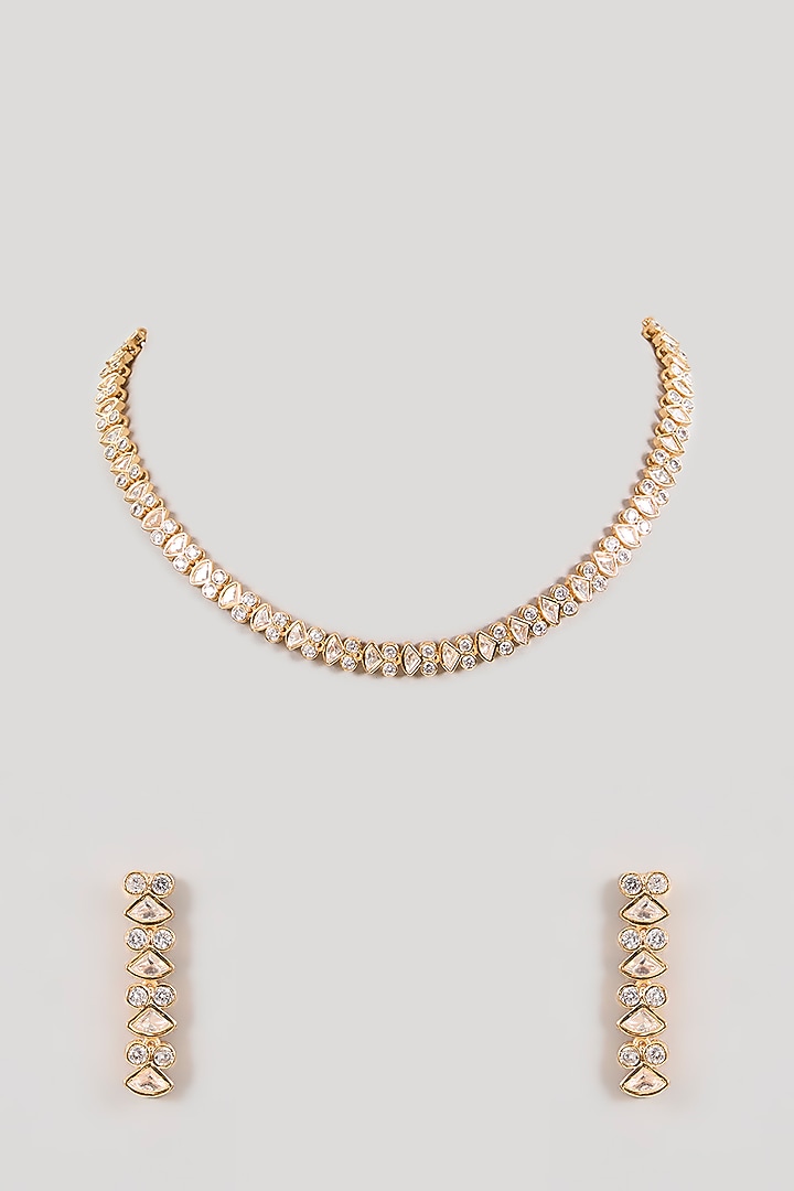 Gold Finish White Crystal Necklace Set by Aura Trends at Pernia's Pop Up Shop