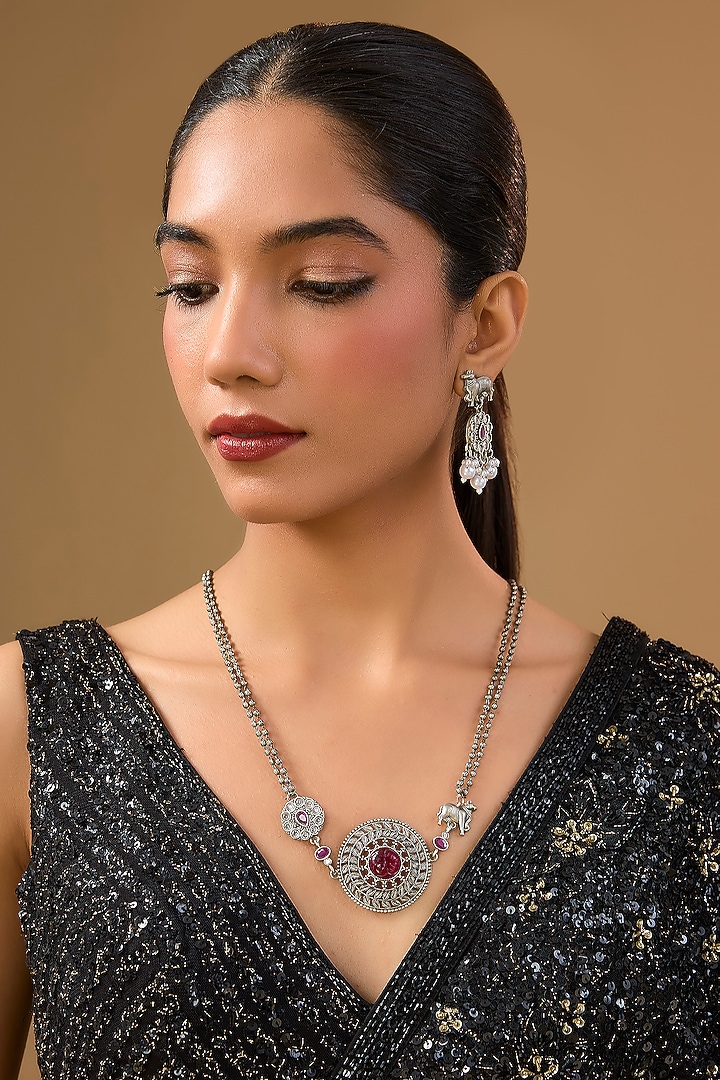 Oxidized Silver Finish Ruby Red & Purple Gemstone Pendant Necklace Set by Aura Trends at Pernia's Pop Up Shop