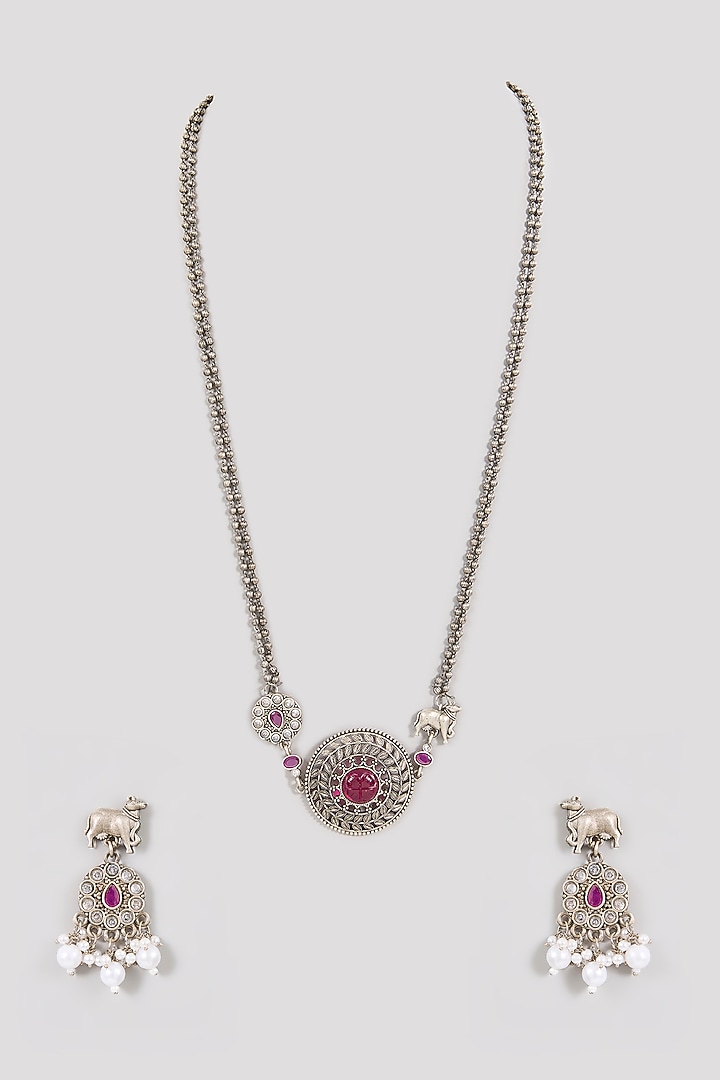 Oxidized Silver Finish Ruby Red & Purple Gemstone Pendant Necklace Set by Aura Trends at Pernia's Pop Up Shop