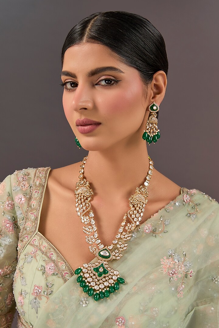 Gold Finish Kundan Polki & Green Gemstone Long Necklace Set by Aura Trends at Pernia's Pop Up Shop