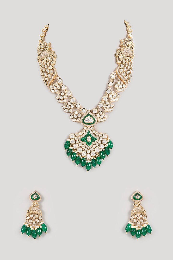 Gold Finish Kundan Polki & Green Gemstone Long Necklace Set by Aura Trends at Pernia's Pop Up Shop