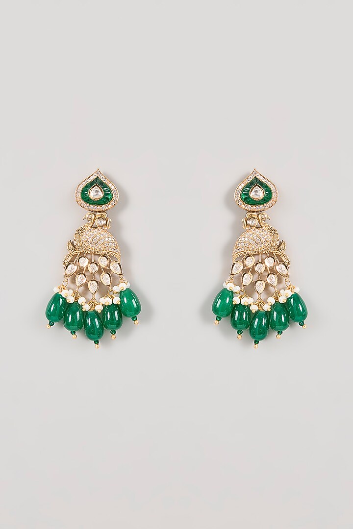 Gold Finish Kundan Polki & Green Gemstone Long Necklace Set by Aura Trends at Pernia's Pop Up Shop