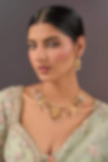 Gold Finish Ruby Pink & Green Gemstone Temple Necklace Set by Auraa Trends at Pernia's Pop Up Shop