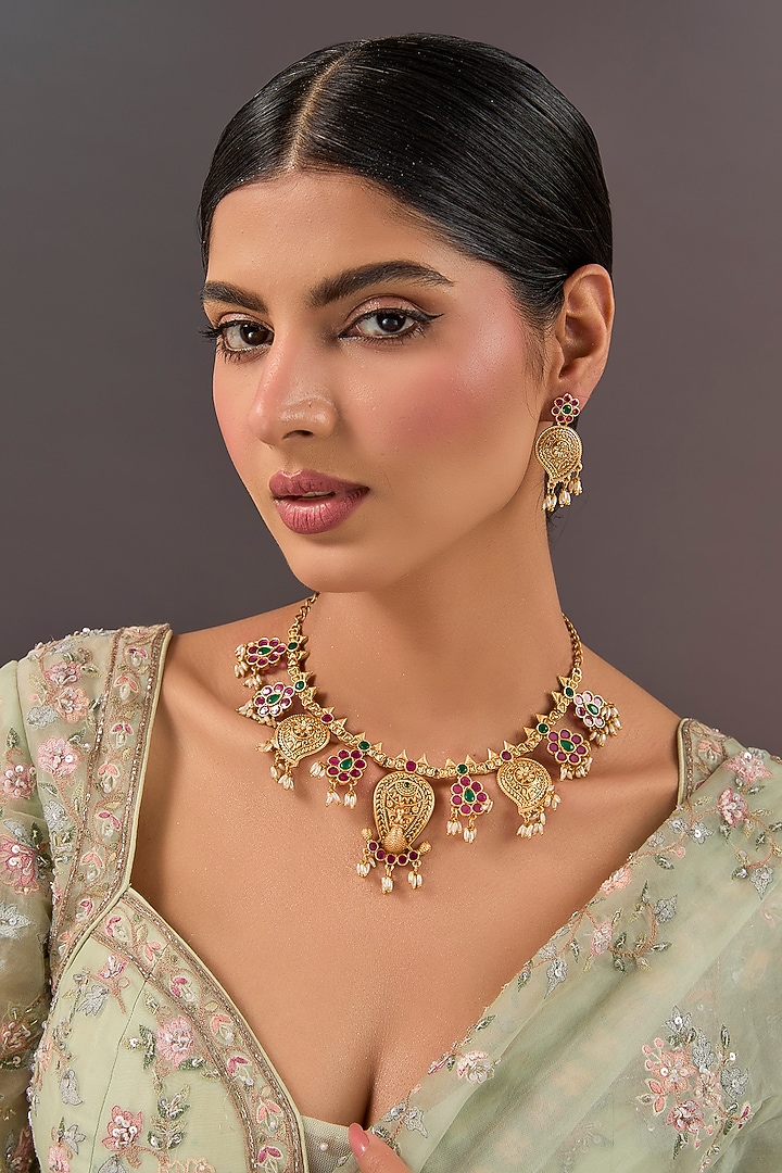 Gold Finish Ruby Pink & Green Gemstone Temple Necklace Set by Auraa Trends at Pernia's Pop Up Shop