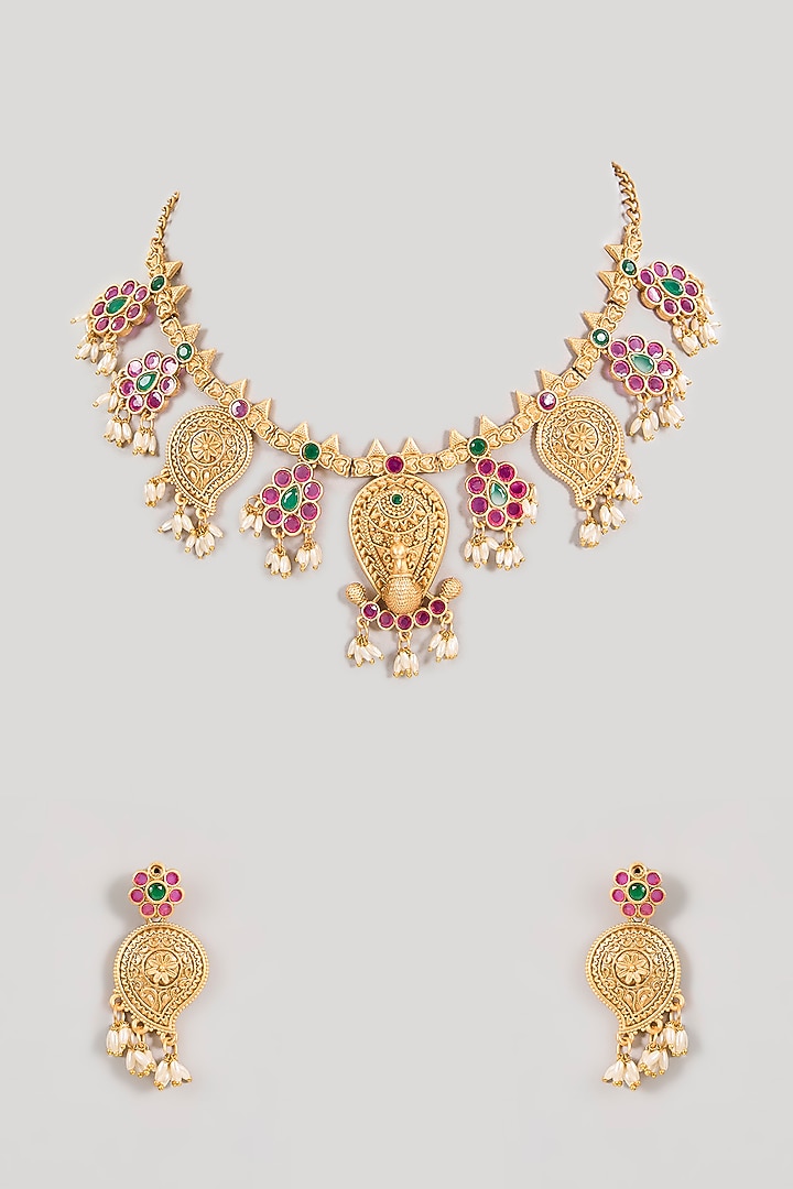 Gold Finish Ruby Pink & Green Gemstone Temple Necklace Set by Aura Trends at Pernia's Pop Up Shop