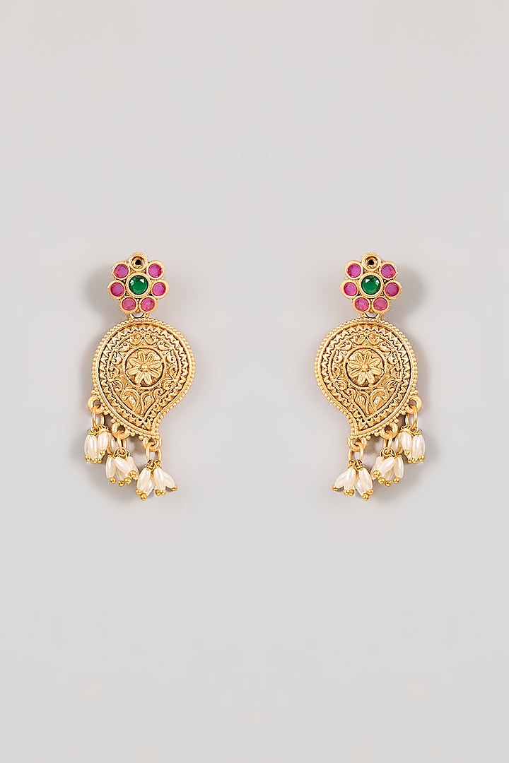 Gold Finish Ruby Pink & Green Gemstone Temple Necklace Set by Aura Trends at Pernia's Pop Up Shop