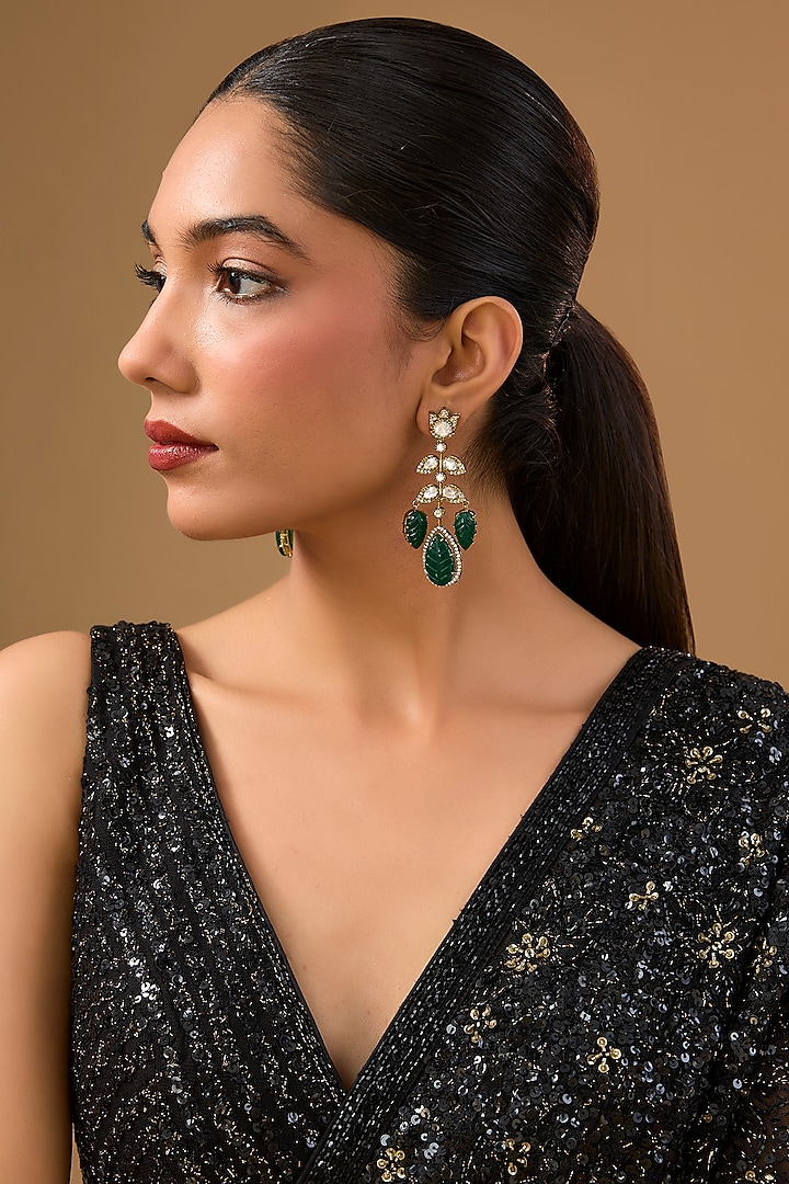 Gold Finish Kundan Polki & Emerald Green Beaded Dangler Earrings by Auraa Trends at Pernia's Pop Up Shop