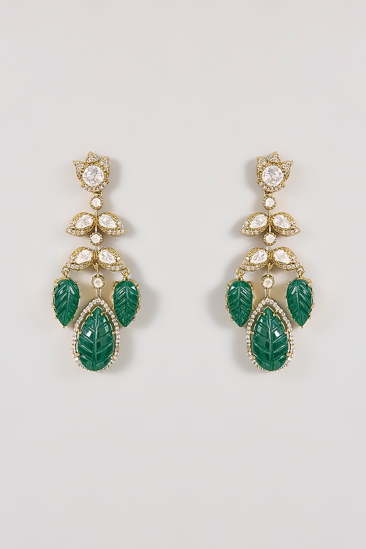 Gold Finish Kundan Polki & Emerald Green Beaded Dangler Earrings by Aura Trends at Pernia's Pop Up Shop