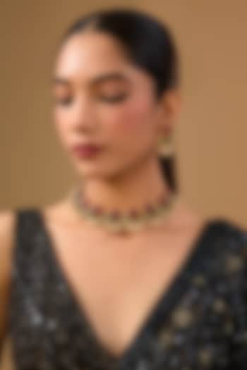 Gold Finish Ruby Red Stone & Pearl Enameled Choker Necklace Set by Auraa Trends at Pernia's Pop Up Shop