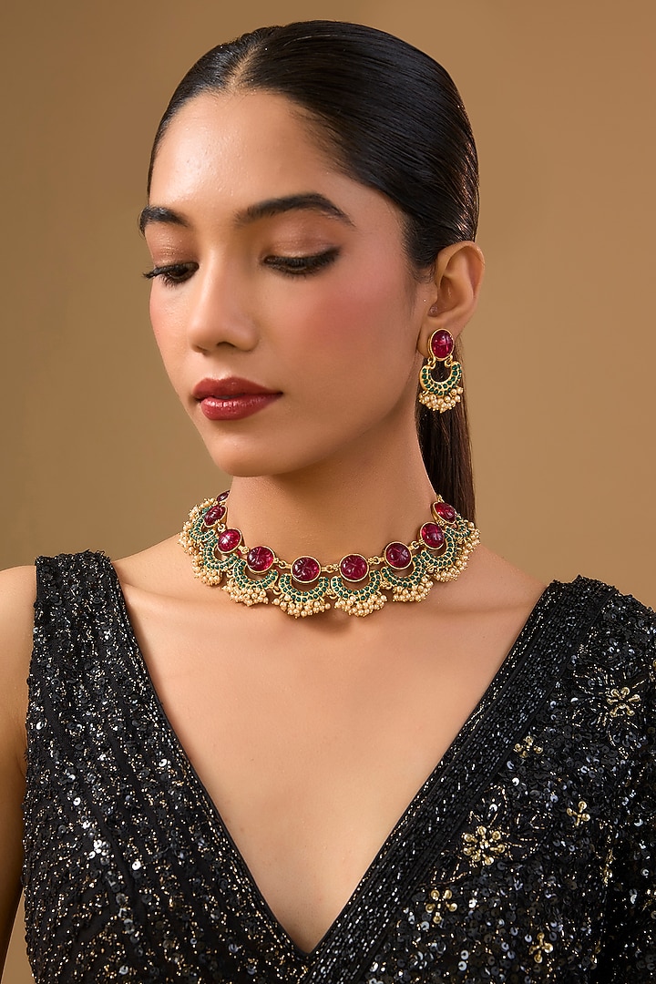 Gold Finish Ruby Red Stone & Pearl Enameled Choker Necklace Set by Auraa Trends at Pernia's Pop Up Shop