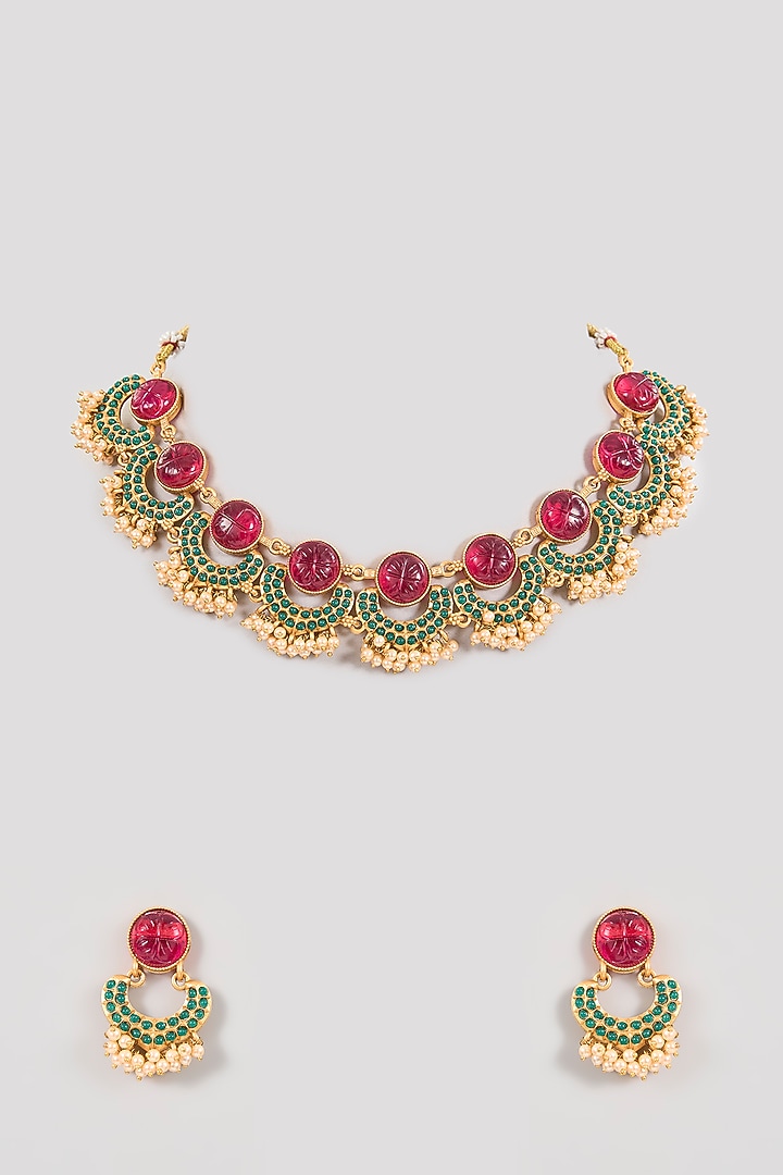 Gold Finish Ruby Red Stone & Pearl Enameled Choker Necklace Set by Aura Trends at Pernia's Pop Up Shop