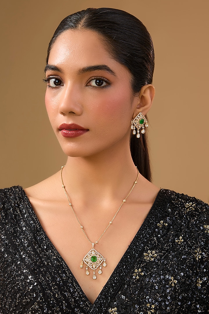 Gold Finish Kundan Polki & Green Gemstone Pendant Necklace Set by Aura Trends at Pernia's Pop Up Shop
