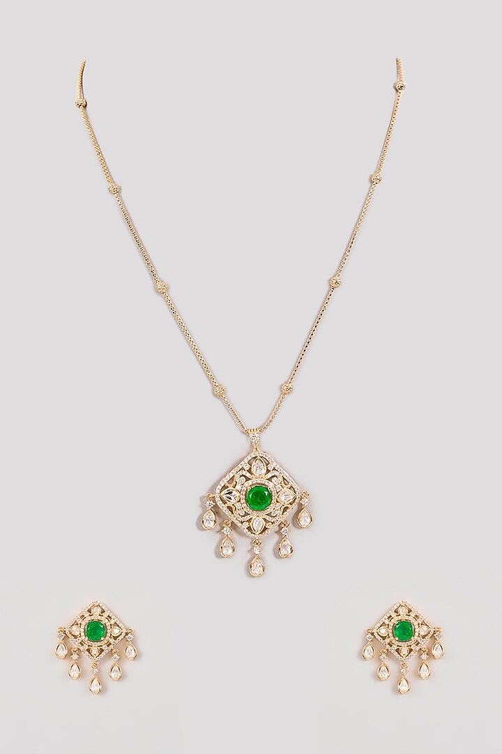 Gold Finish Kundan Polki & Green Gemstone Pendant Necklace Set by Aura Trends at Pernia's Pop Up Shop