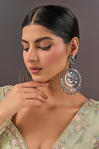 Oxidized Silver Finish Beaded Chandbali Earrings by Aura Trends
