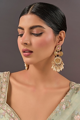 Gold Finish Pink Gemstone & Pearl Dangler Earrings by Aura Trends