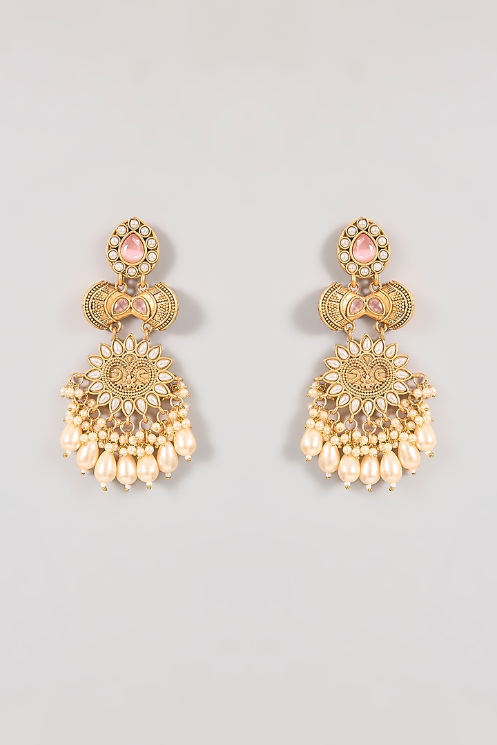 Gold Finish Pink Gemstone & Pearl Dangler Earrings by Aura Trends at Pernia's Pop Up Shop