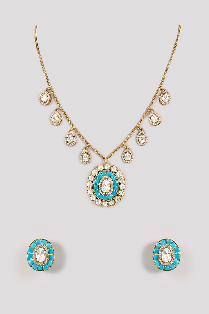 Gold Finish Turquoise Stone & Pearl Necklace Set by Aura Trends at Pernia's Pop Up Shop