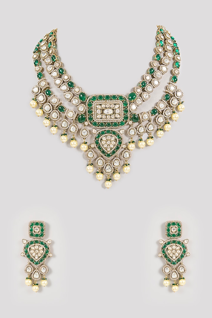 Gold Finish Kundan Polki & Green Stone Necklace Set by Aura Trends at Pernia's Pop Up Shop