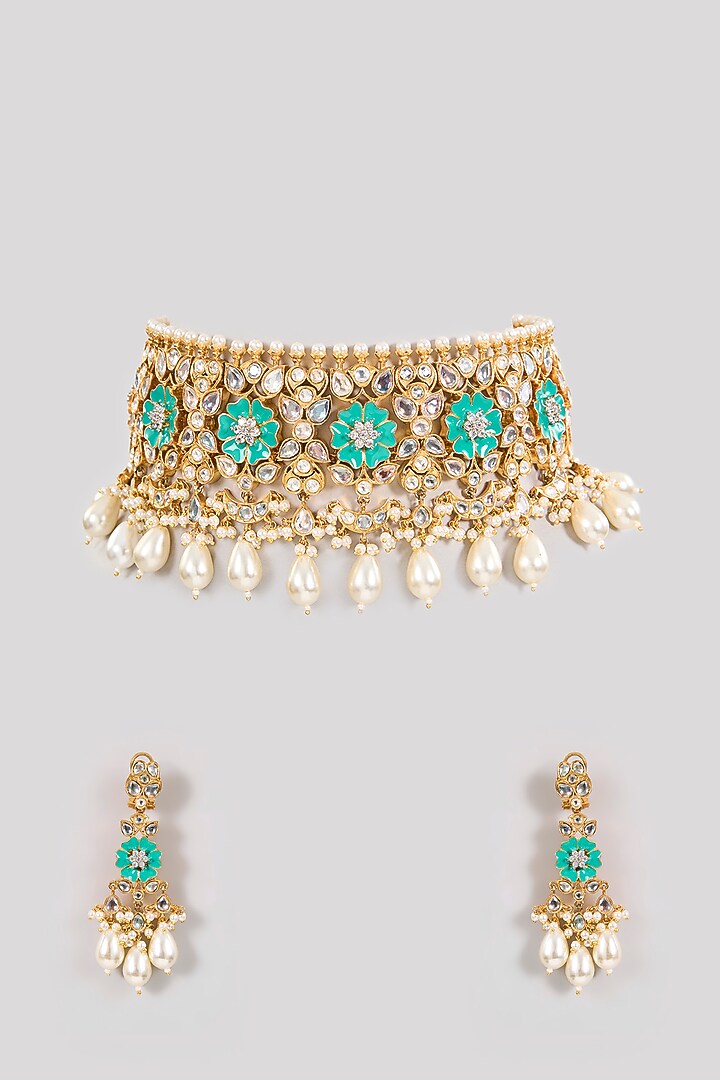 Gold Finish Kundan Polki & Turquoise Stone Choker Necklace Set by Aura Trends at Pernia's Pop Up Shop