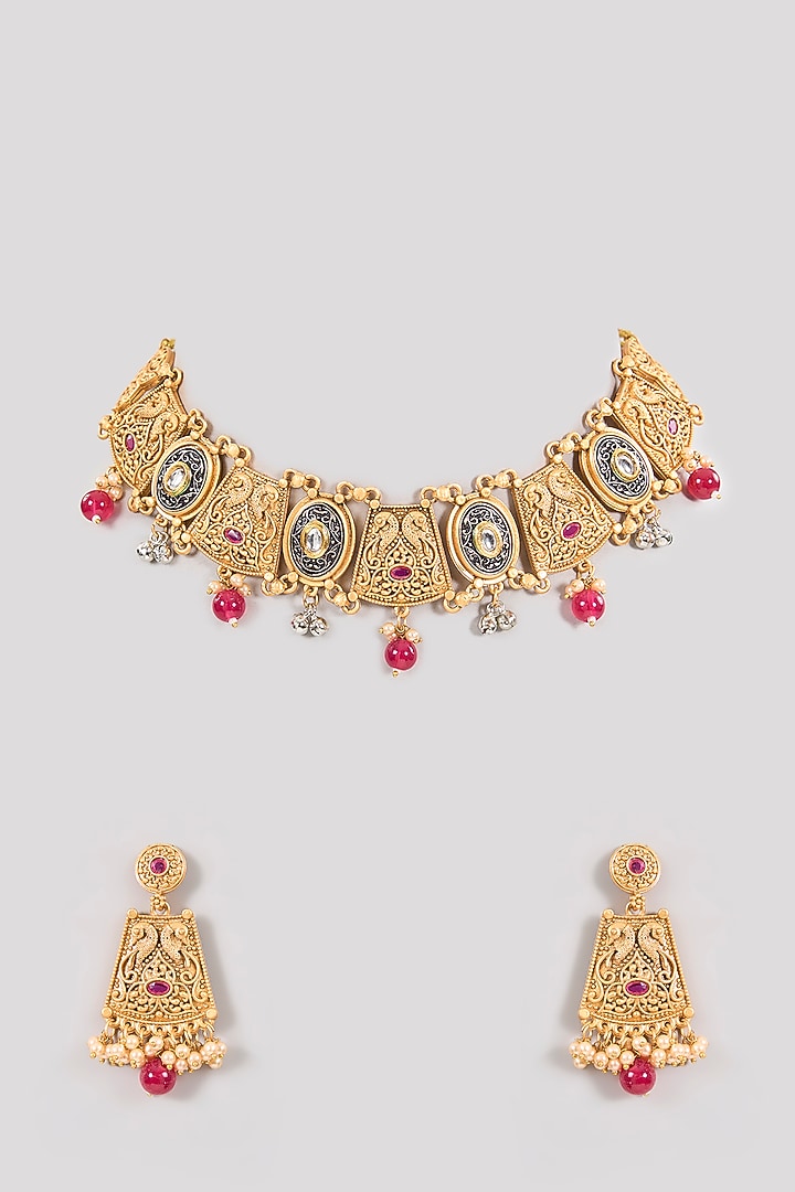 Gold Finish Kundan Polki & Ruby Stone Temple Necklace Set by Aura Trends at Pernia's Pop Up Shop