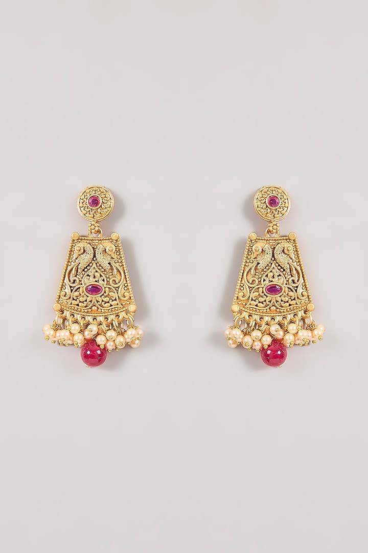 Gold Finish Kundan Polki & Ruby Stone Temple Necklace Set by Aura Trends at Pernia's Pop Up Shop