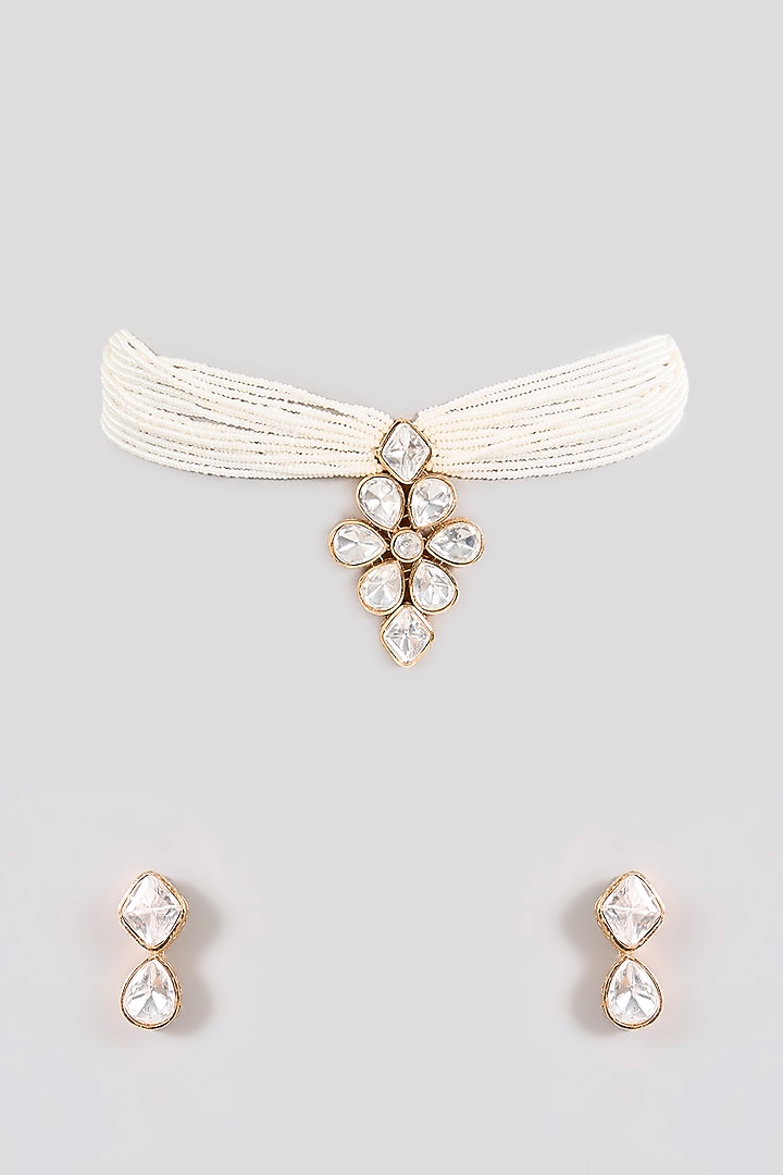 Gold Finish Diamond & Pearl Choker Necklace Set by Aura Trends at Pernia's Pop Up Shop