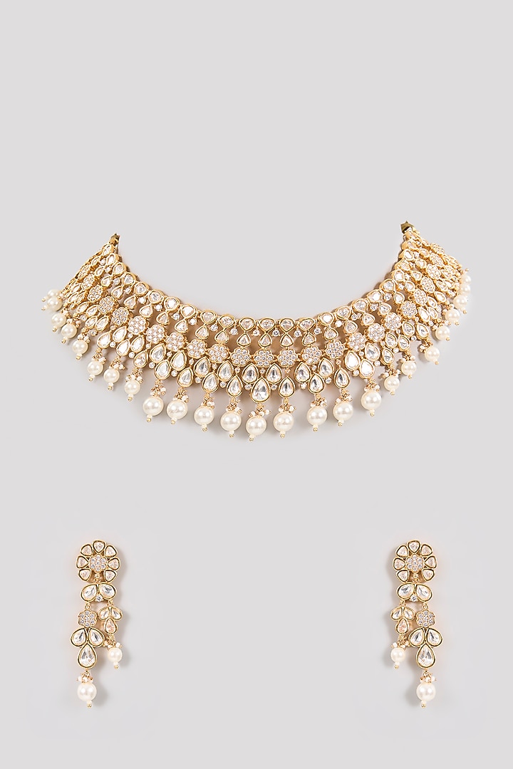 Gold Finish Kundan Polki & Pearl Choker Necklace Set by Aura Trends at Pernia's Pop Up Shop