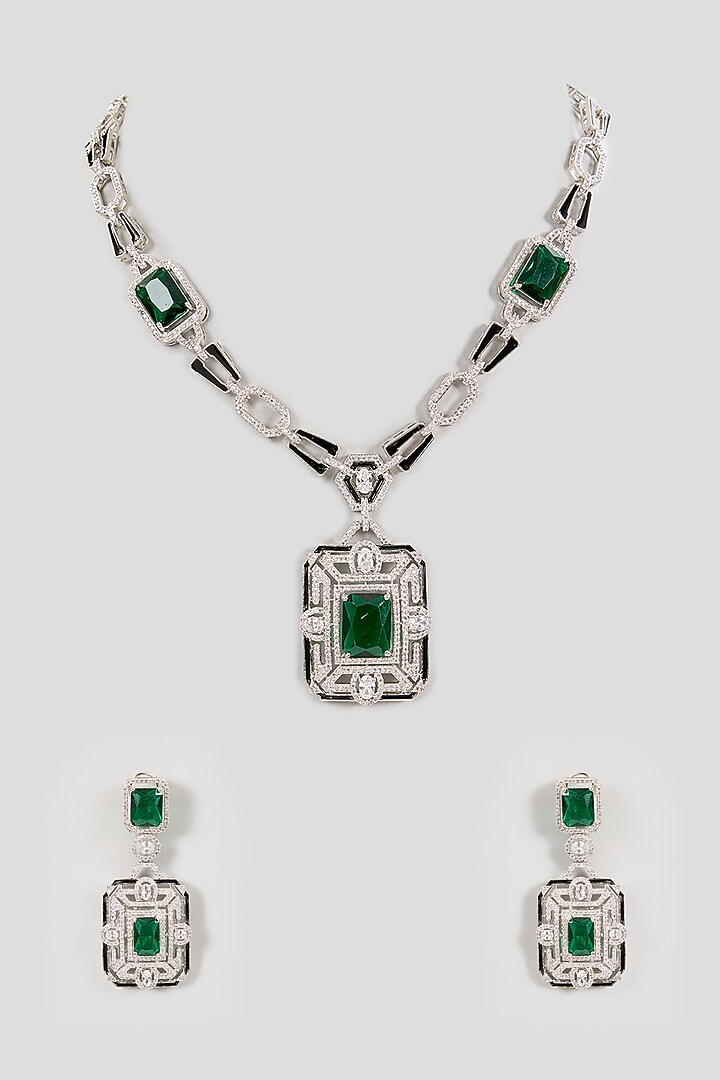 Silver Finish Crystal & Emerald-Cut Gemstone Necklace Set by Aura Trends at Pernia's Pop Up Shop
