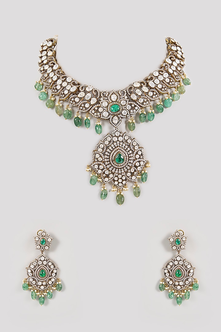 Gold Finish Kundan Polki & Emerald Green Stone Choker Necklace Set by Aura Trends at Pernia's Pop Up Shop