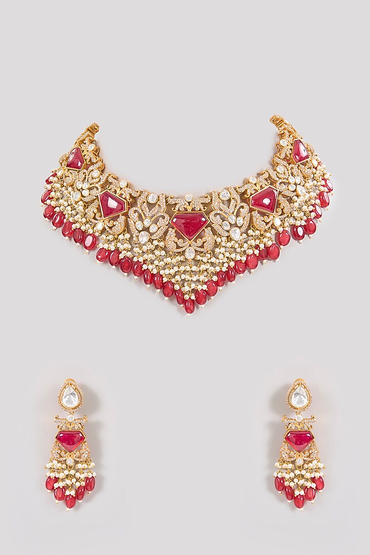 Gold Finish Kundan Polki & Ruby Stone Choker Necklace Set by Aura Trends at Pernia's Pop Up Shop