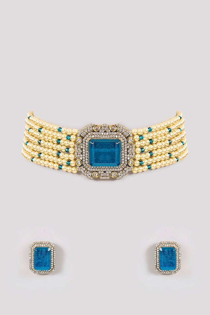 Gold Finish Pearl & Blue Gemstone Choker Necklace Set by Aura Trends at Pernia's Pop Up Shop