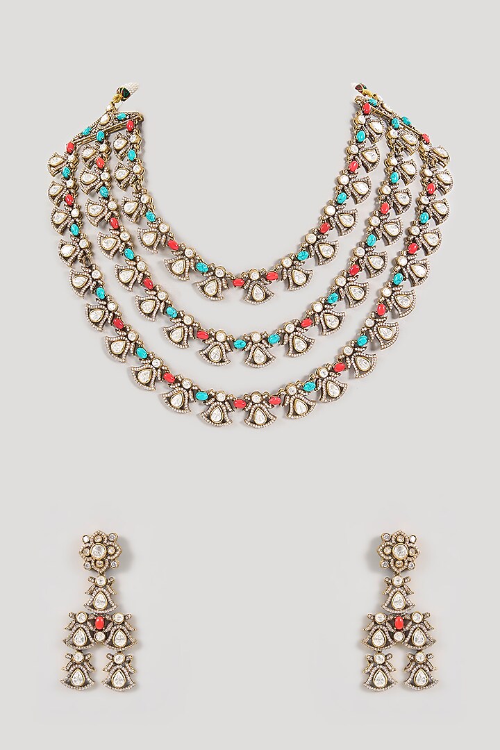 Gold Finish Kundan Polki & Turquoise Stone Layered Necklace Set by Aura Trends at Pernia's Pop Up Shop