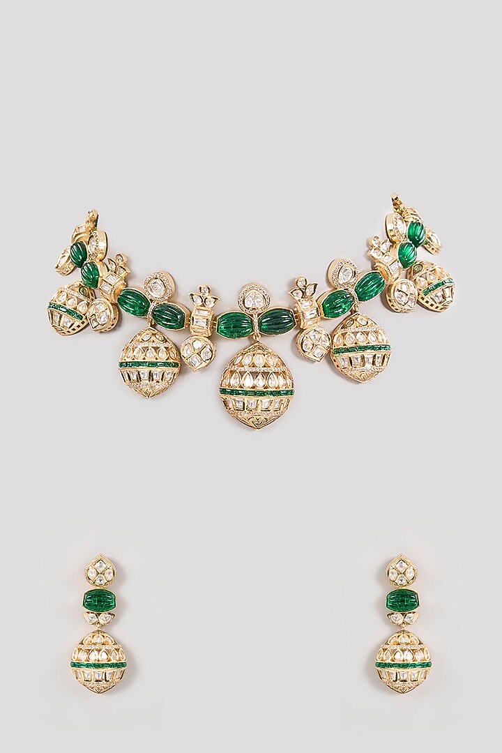 Gold Finish Kundan Polki & Emerald Choker Necklace Set by Aura Trends at Pernia's Pop Up Shop