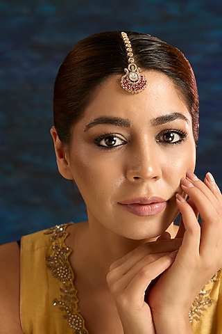 Rose Gold Finish Ruby & Kundan Polki Maangtikka by Aura Trends