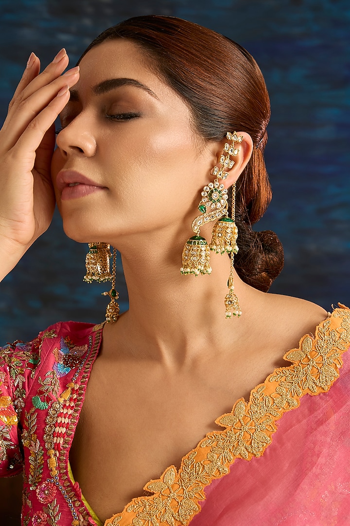Gold Finish Green Kundan Polki Jhumka Earrings by Auraa Trends at Pernia's Pop Up Shop