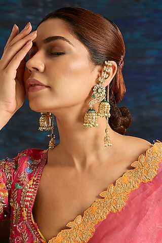 Gold Finish Green Kundan Polki Jhumka Earrings by Aura Trends