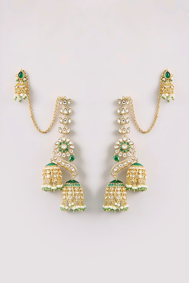Gold Finish Green Kundan Polki Jhumka Earrings by Aura Trends at Pernia's Pop Up Shop