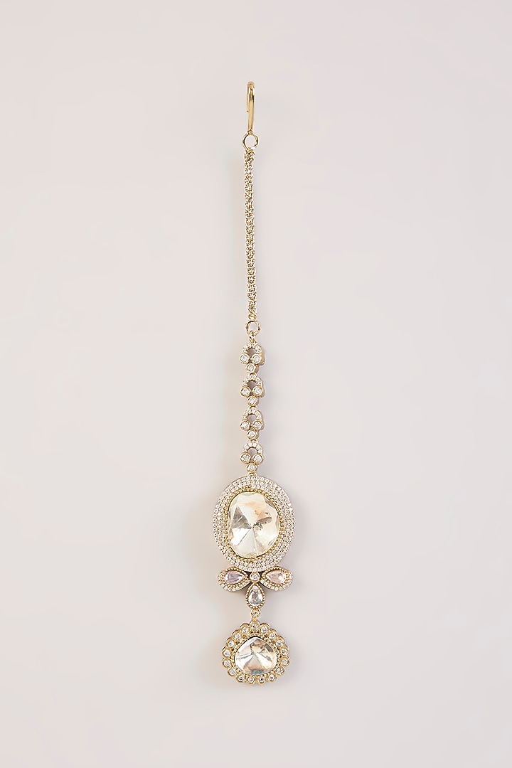 Gold Finish Kundan Polki Enameled Maangtikka by Aura Trends at Pernia's Pop Up Shop