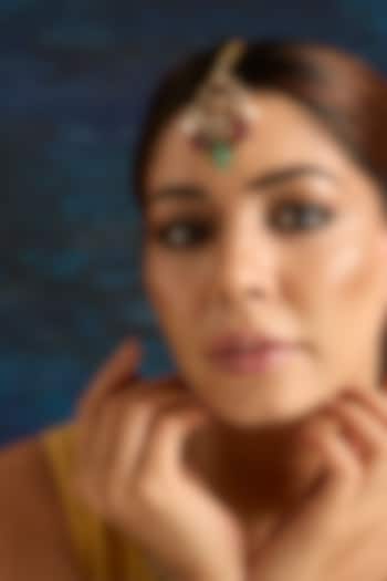 Gold Finish Green & Pink Kundan Polki Maangtikka by Auraa Trends at Pernia's Pop Up Shop