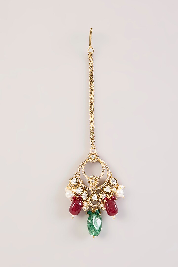 Gold Finish Green & Pink Kundan Polki Maangtikka by Aura Trends at Pernia's Pop Up Shop