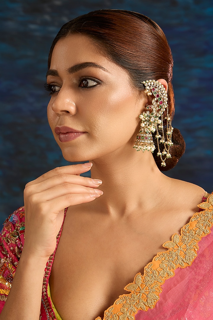 Gold Finish Green Kundan Polki Ear Cuff Jhumka Earrings by Auraa Trends at Pernia's Pop Up Shop