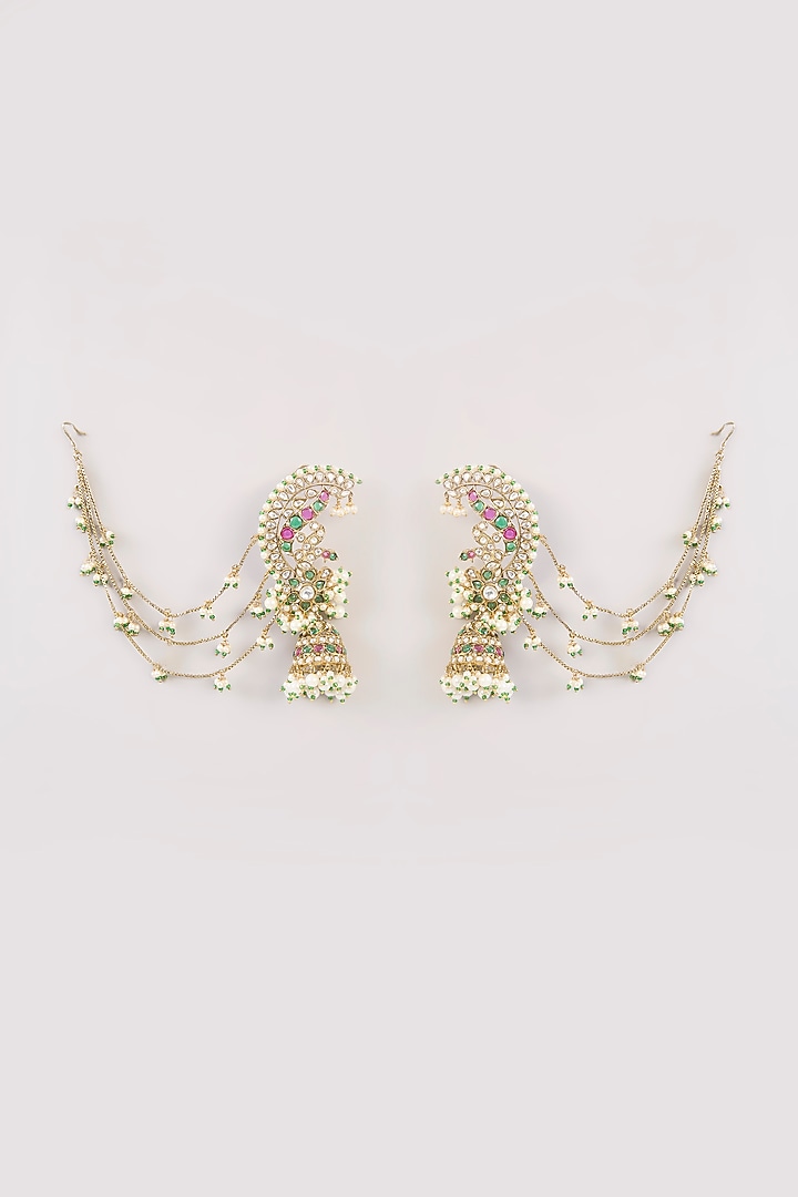 Gold Finish Green Kundan Polki Ear Cuff Jhumka Earrings by Aura Trends at Pernia's Pop Up Shop